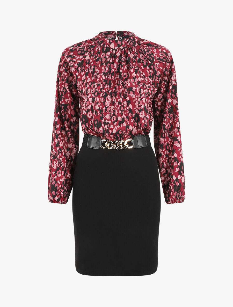 Robe bicolore à imprimé feuillage - Bordeaux - 5