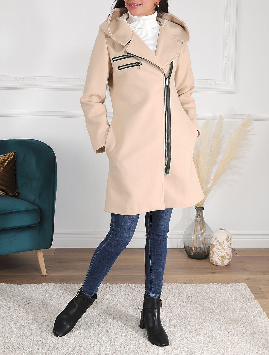 Manteau long zippé à capuche - Beige - 4