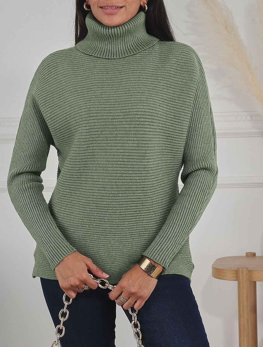 Pull droit côtelé à col roulé - Vert olive - 4