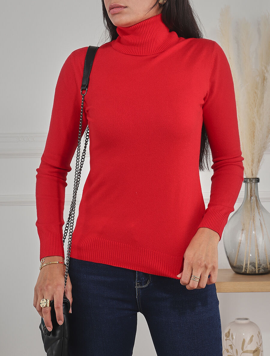 Pull fin uni col roulé - Rouge - 4