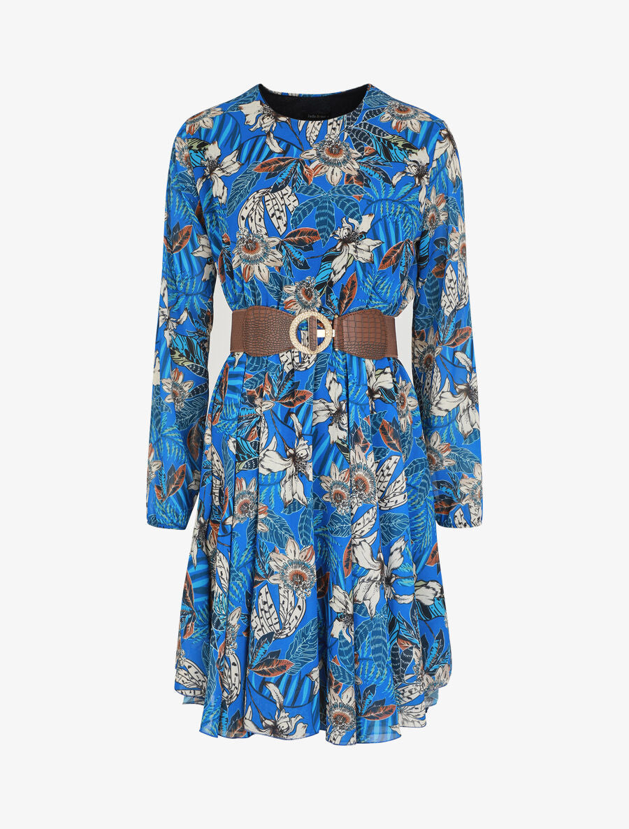 Robe patineuse imprimé orchidées - Bleu roi - 1