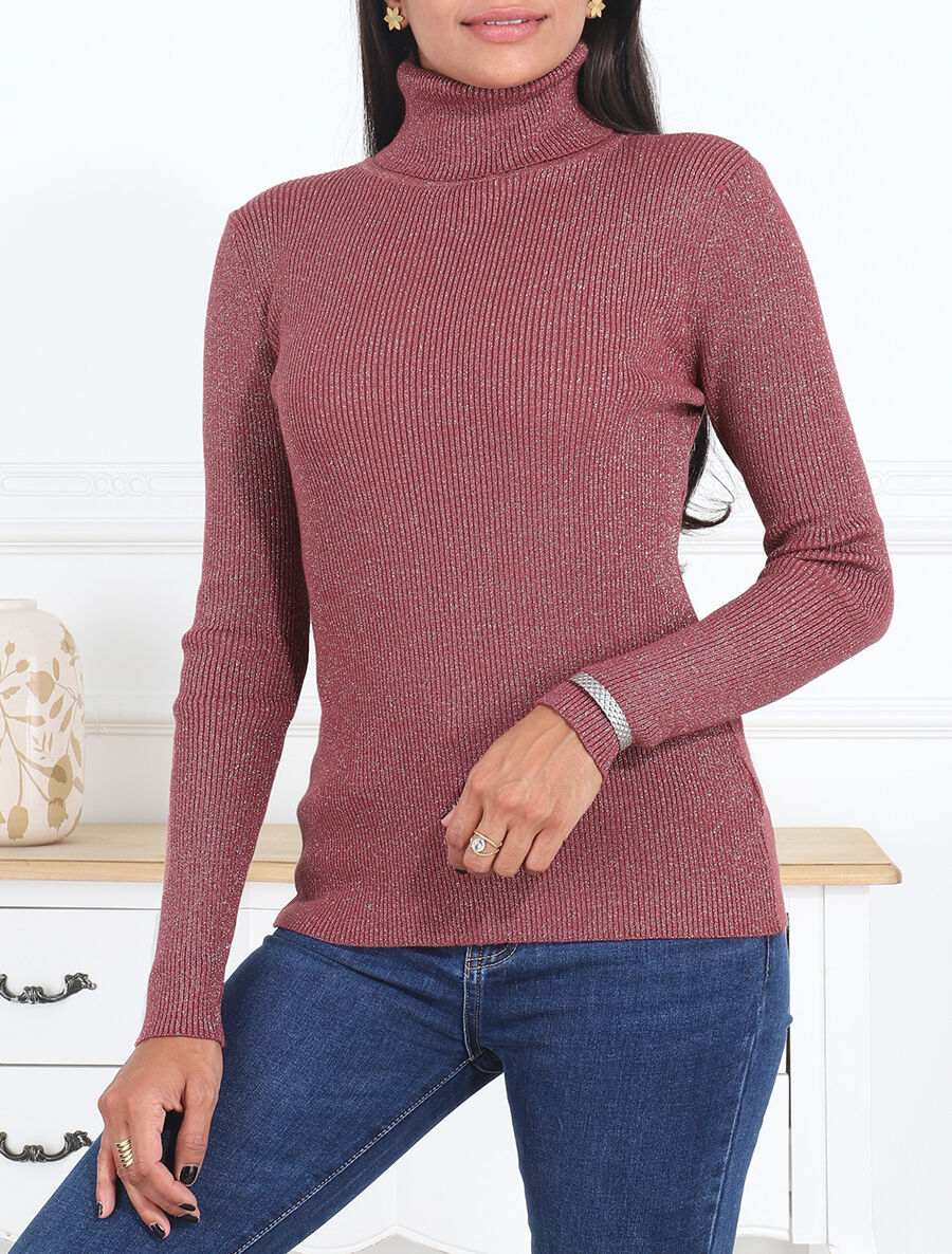Pull col roulé ajusté et irisé - Vieux rose - 4