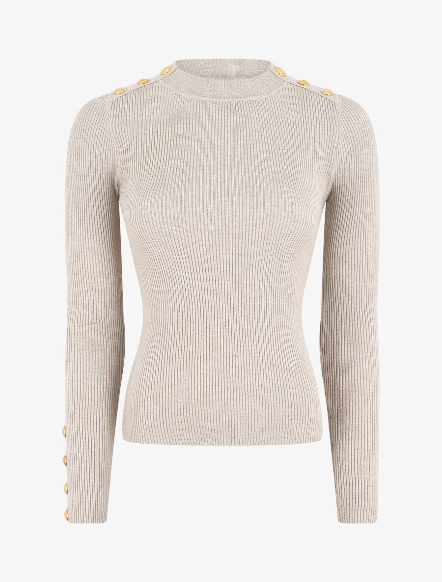 Pull col montant ajusté à boutons - Beige - 1