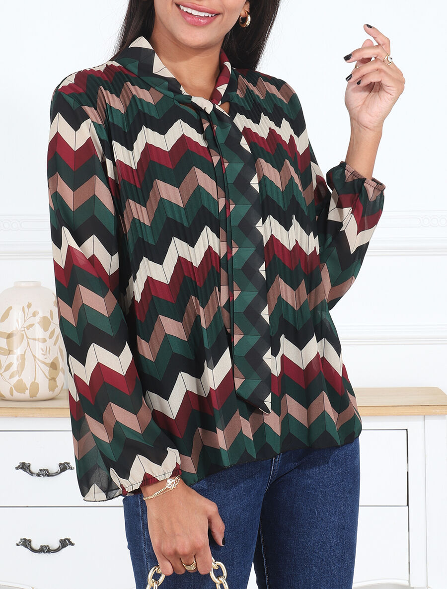 Blouse lavallière plissée imprimé zig-zag - Vert - 4