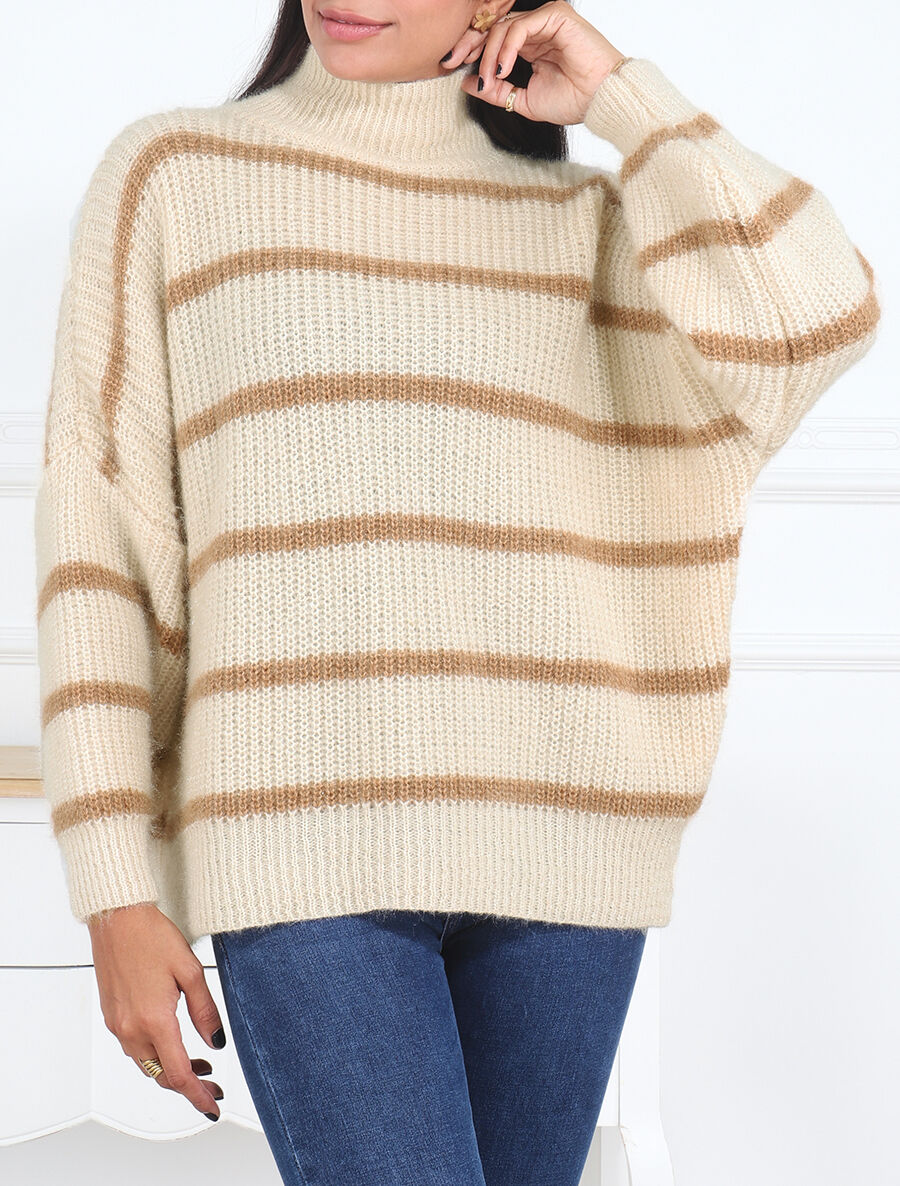 Pull duveteux rayé et col montant - Beige - 4