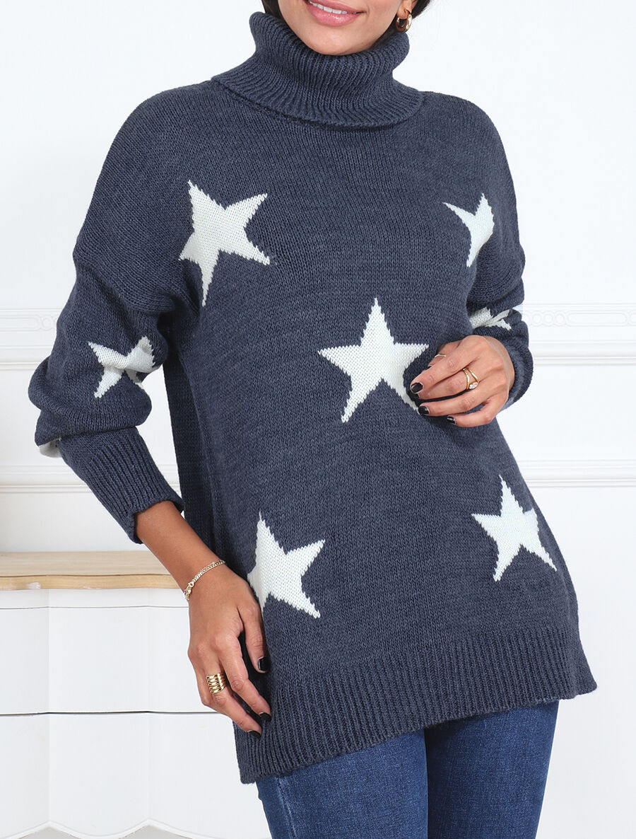 Pull col roulé à motif étoiles - Bleu - 4