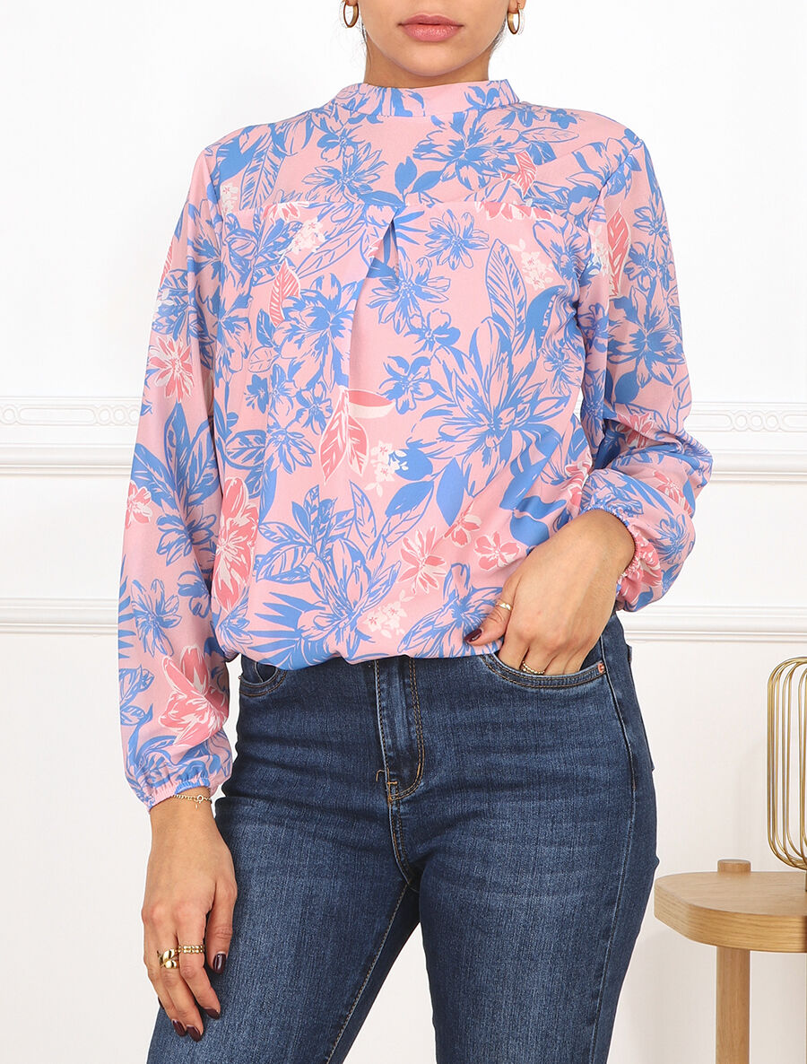 Blouse manches longues à col rond et imprimé floral - Rose/bleu - 4