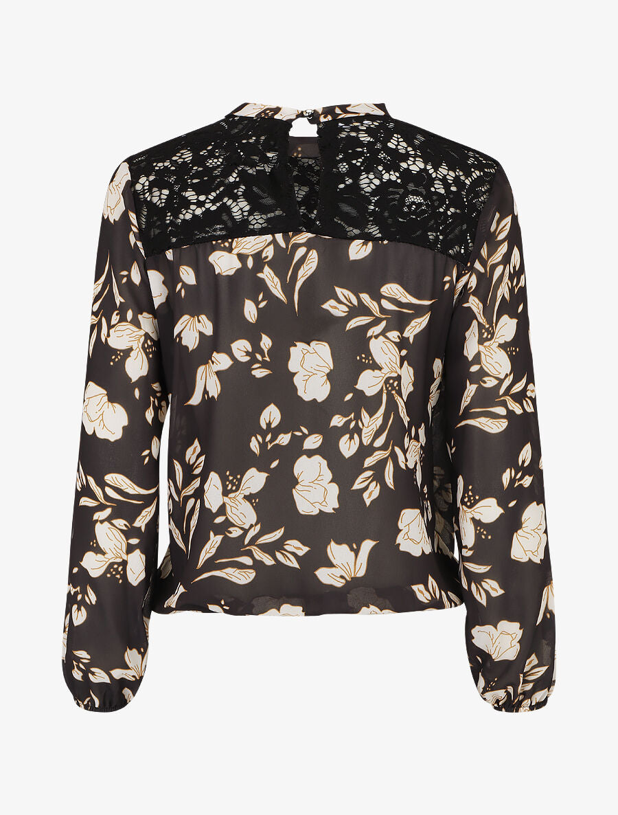 Blouse manches longues à dentelle et imprimé floral - Noir - 2
