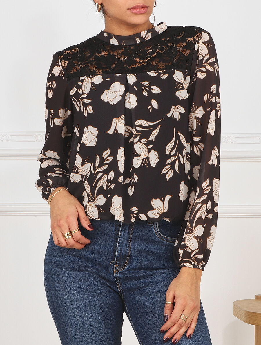 Blouse manches longues à dentelle et imprimé floral - Noir - 4