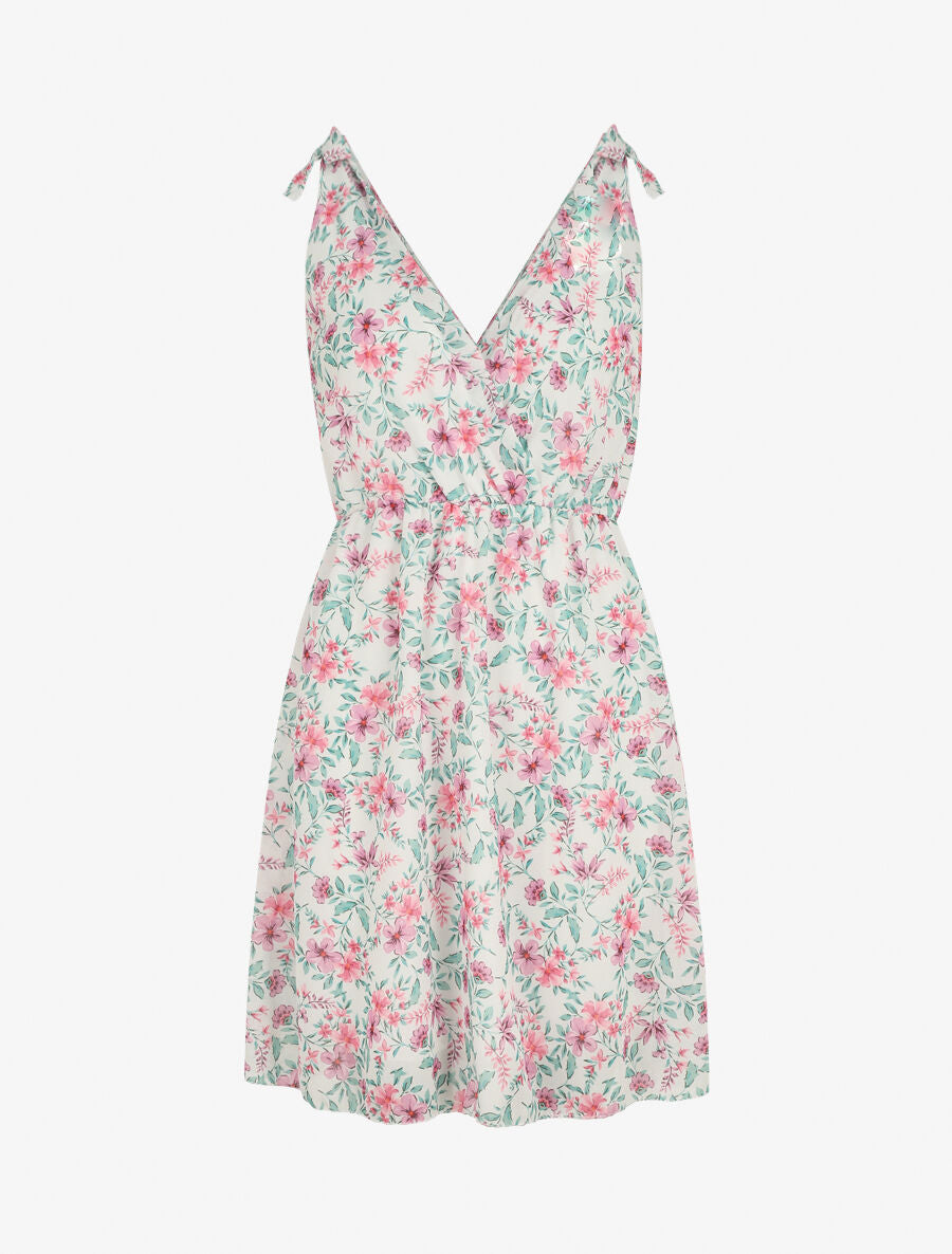 Robe courte fleurie sans manches col cache-coeur - Blanc - 1