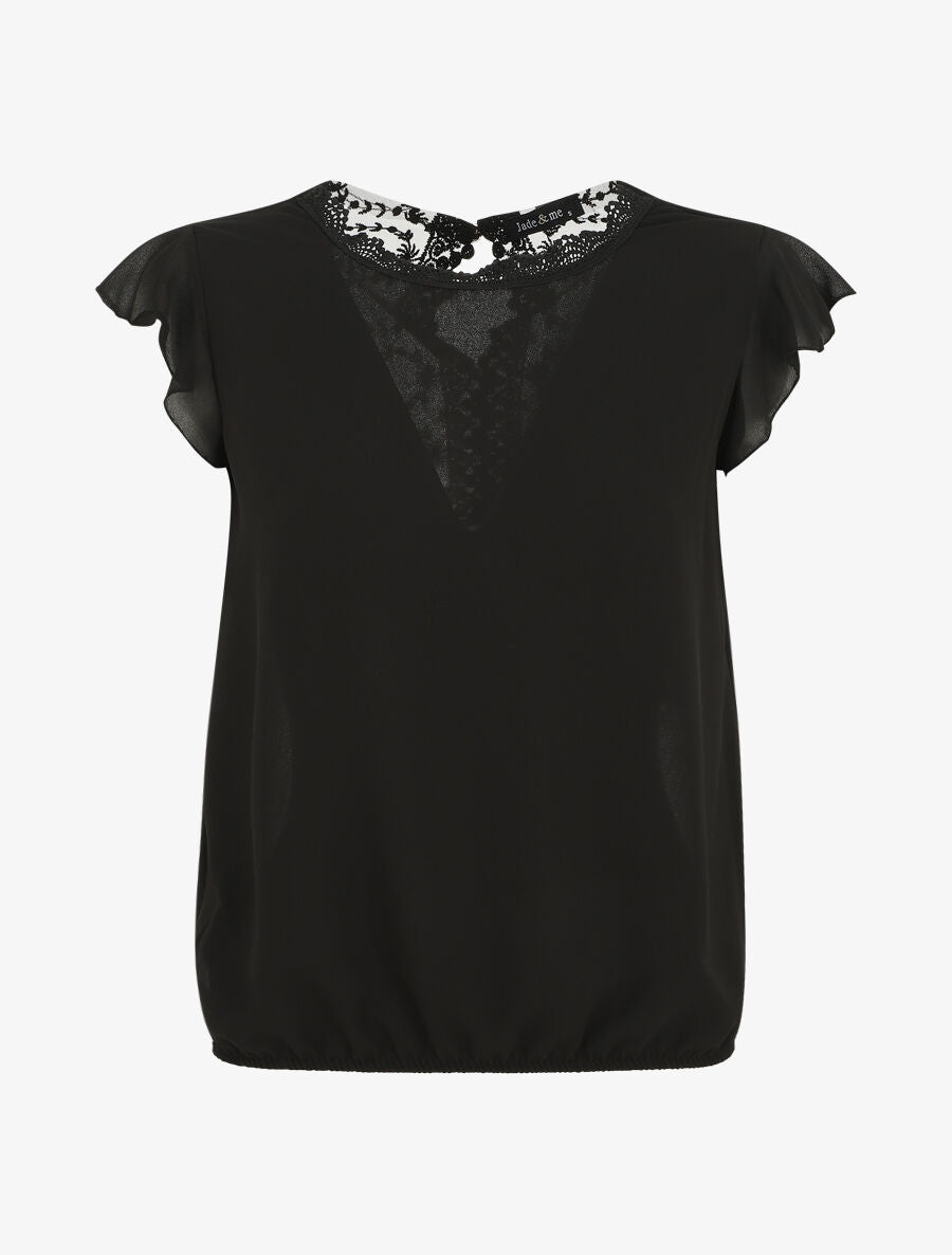 Top uni à mancherons et dos en dentelle - Noir - 1