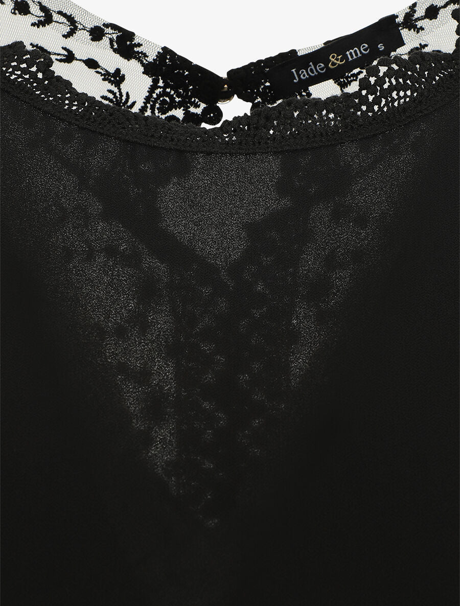 Top uni à mancherons et dos en dentelle - Noir - 3