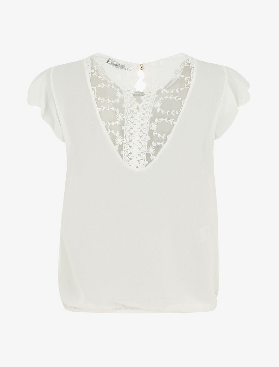 Top uni à mancherons et dos en dentelle - Blanc - 2