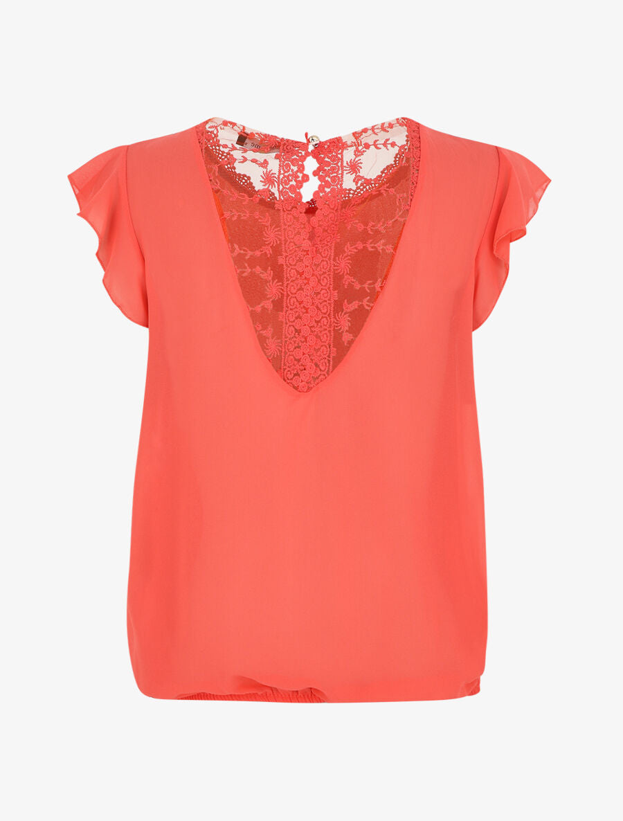 Top uni à mancherons et dos en dentelle - Corail - 2