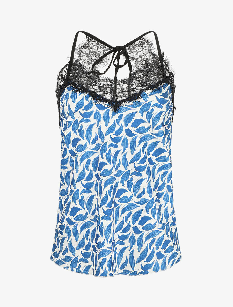 Caraco satiné imprimé plumes et dentelle - Bleu roi - 1