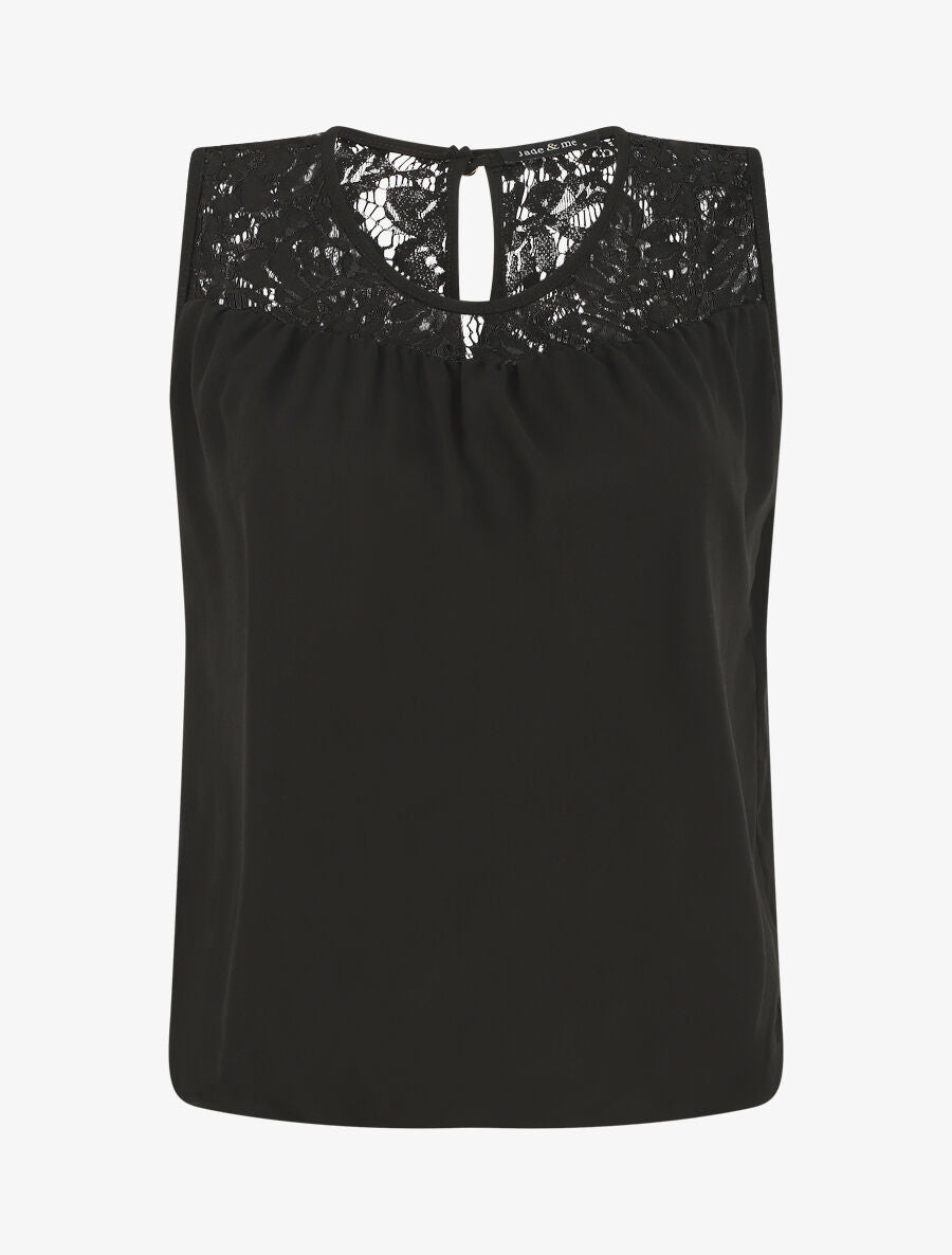 Top sans manches col en dentelle - Noir - 1
