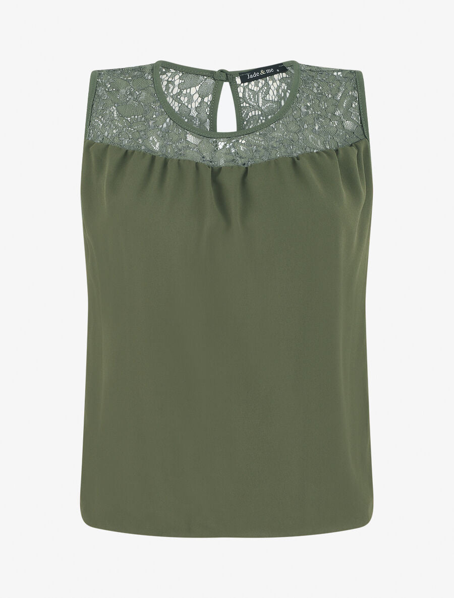 Top sans manches col en dentelle - Kaki - 1