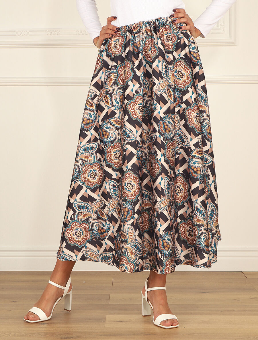 Jupe longue élastiquée à imprimé foulard - Noir - 4