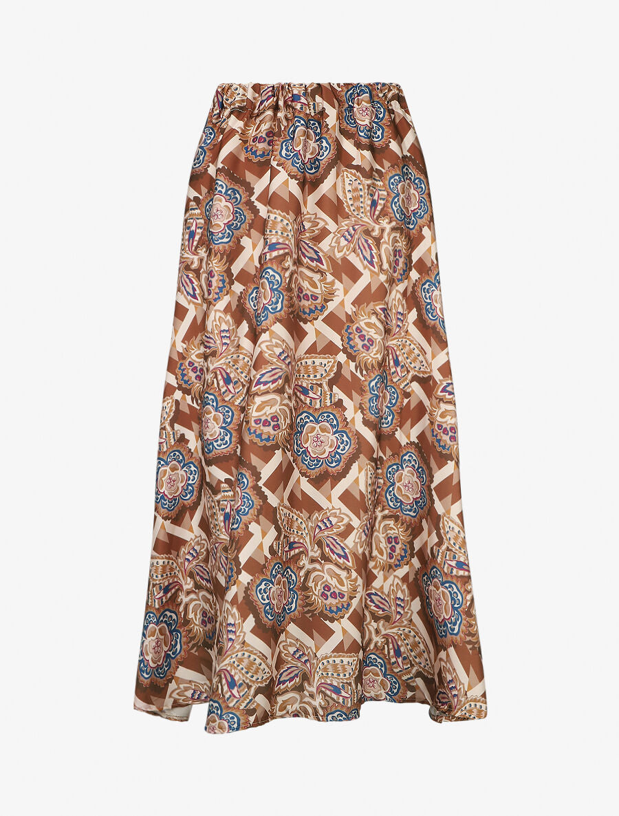 Jupe longue élastiquée à imprimé foulard - Marron - 5