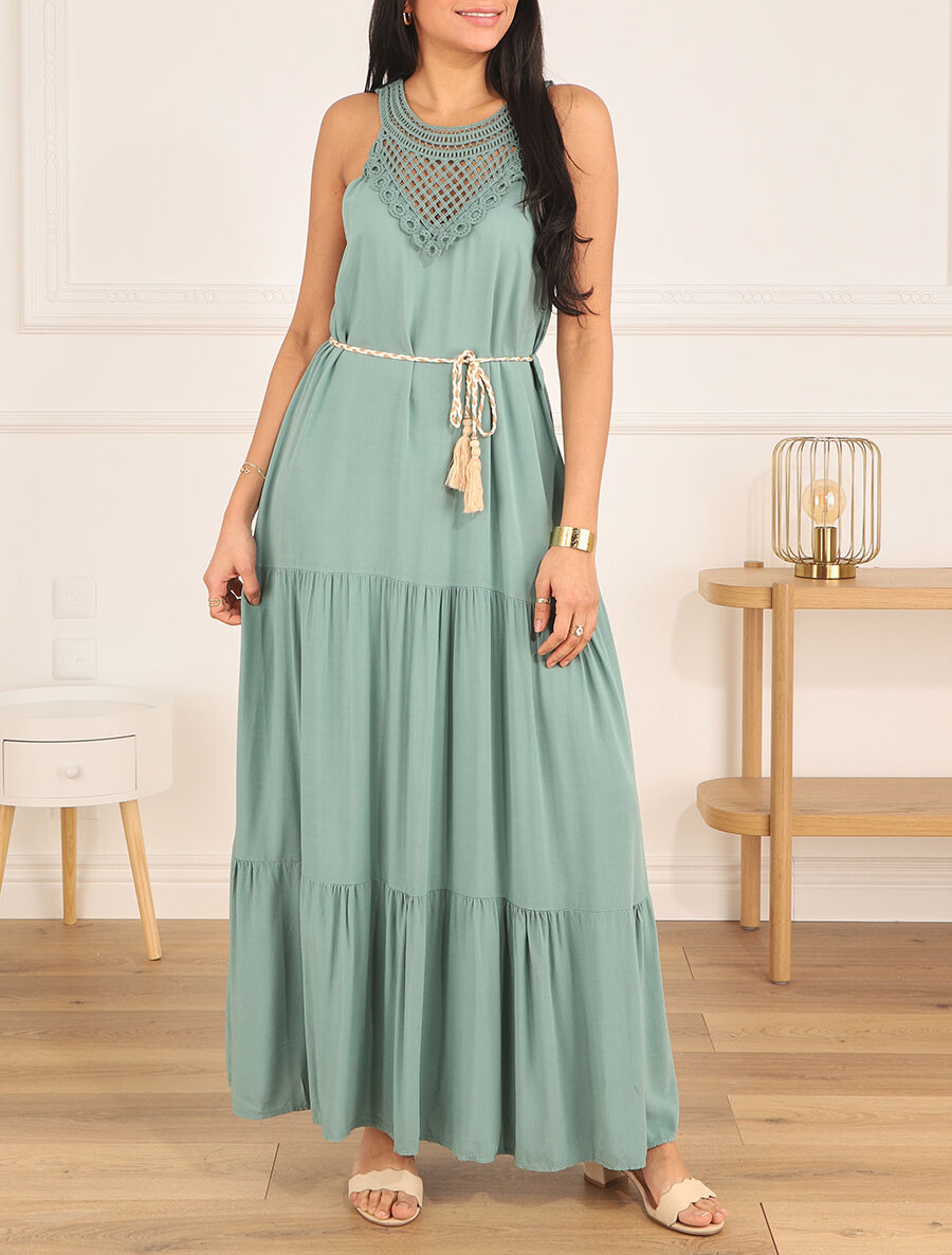 Robe longue bohème sans manches col en crochet - Vert d&