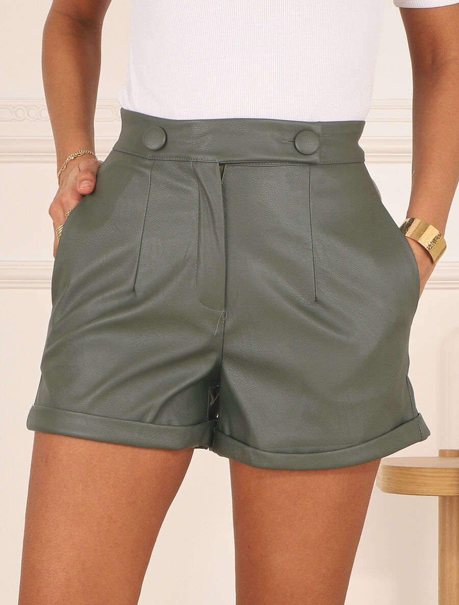 Short en simili à revers - Kaki - 4