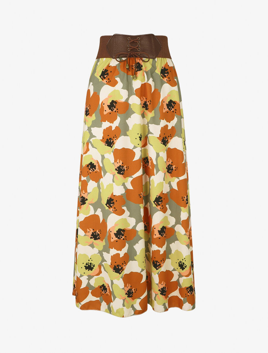 Jupe longue à imprimé fleurs abstraites - Kaki - 1
