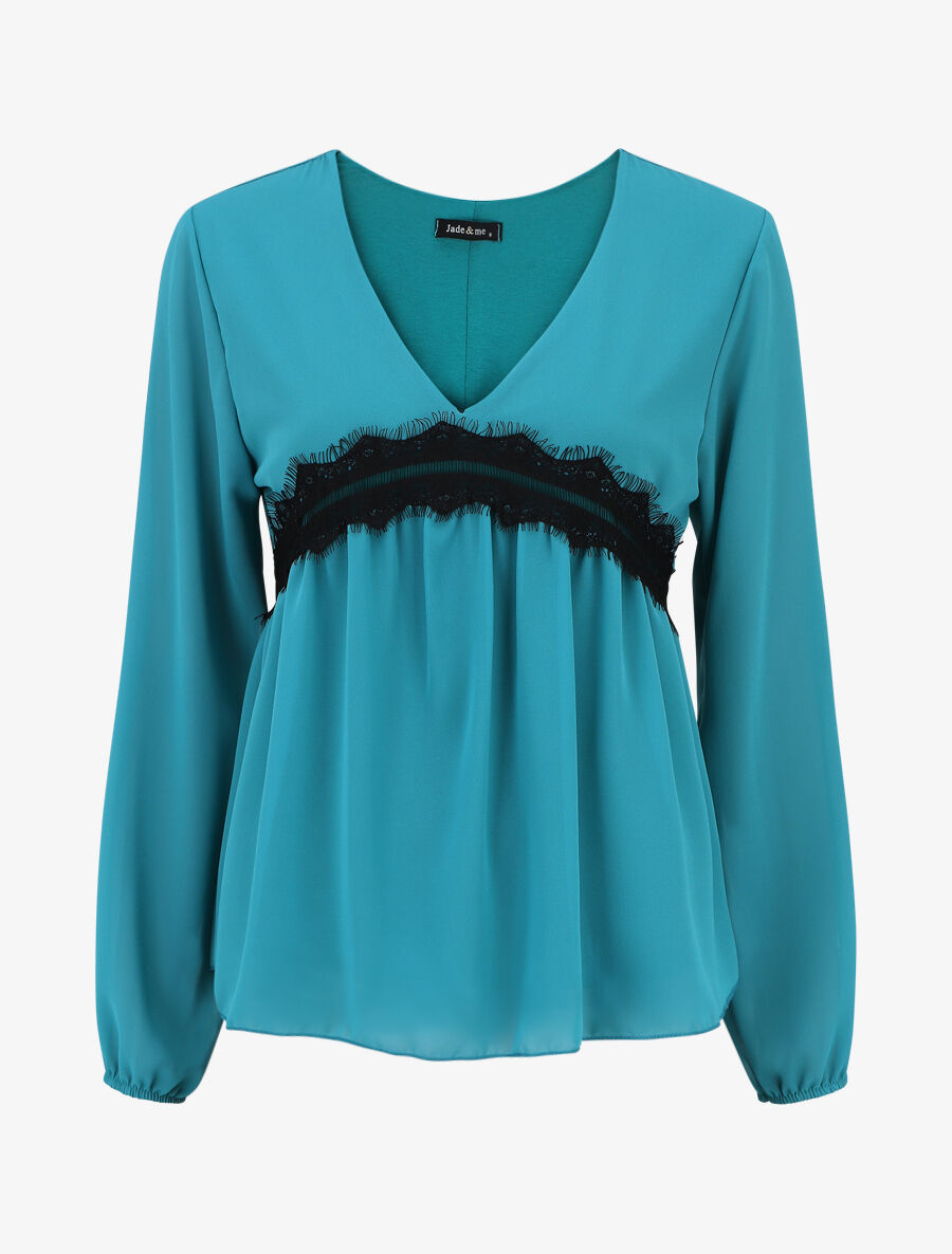 Blouse en voile et dentelle - Turquoise - 1