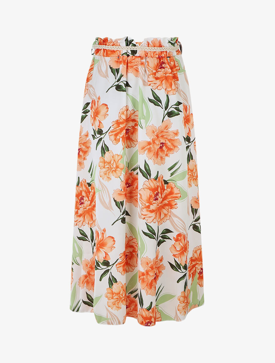 Jupe longue élastiquée imprimé fleurs - Orange - 2