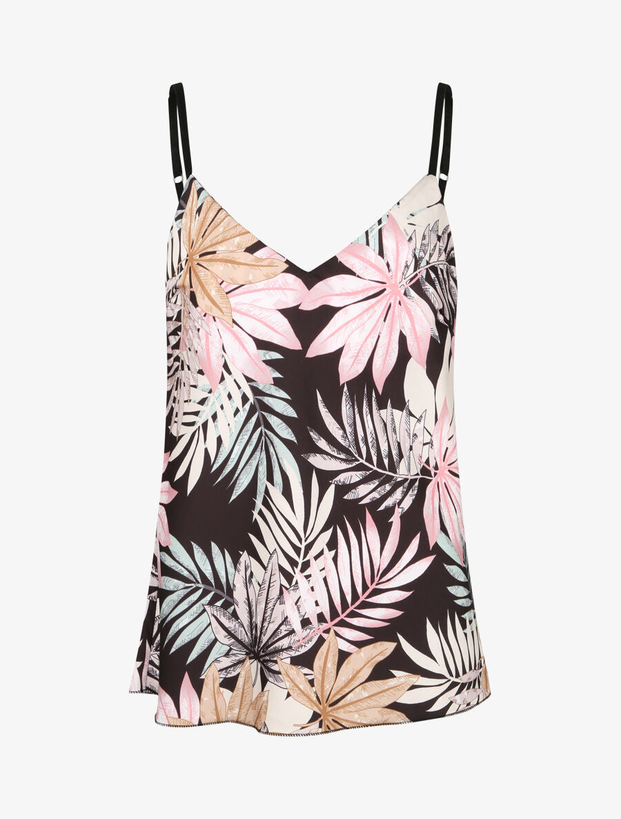 Caraco satiné à imprimé feuilles tropicales - Noir - 5