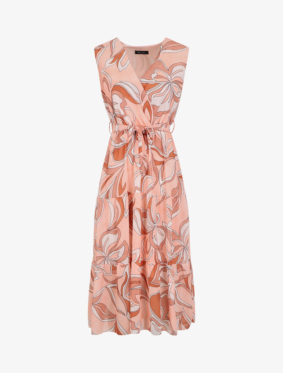 Robe fleurie évasée longue sans manches - Pêche - 1