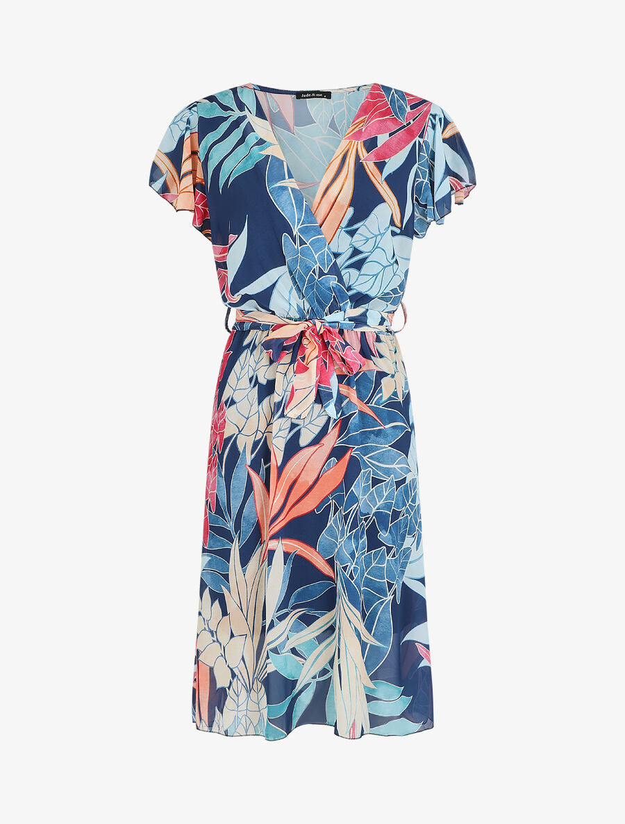 Robe en voile élastiquée à imprimé feuilles - Marine - 5