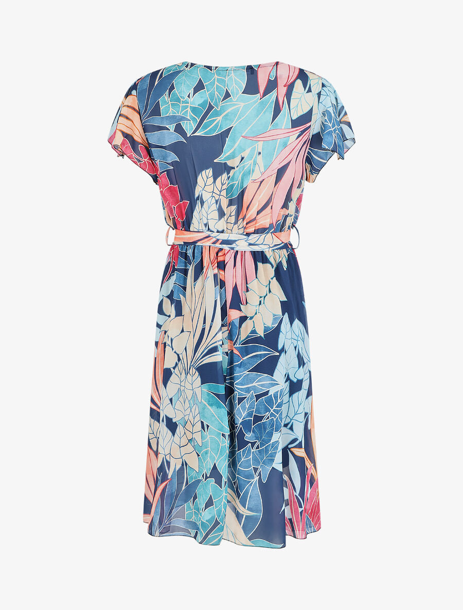 Robe en voile élastiquée à imprimé feuilles - Marine - 2