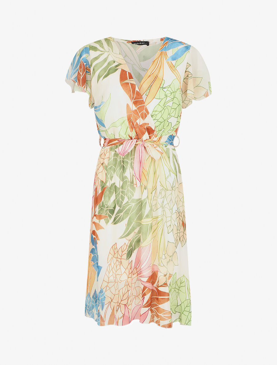 Robe en voile élastiquée à imprimé feuilles - Crème - 1