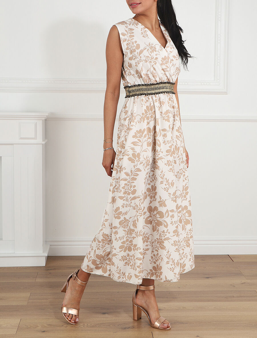 Robe longue imprimé fleuri à taille élastiquée irisée - Beige - 4