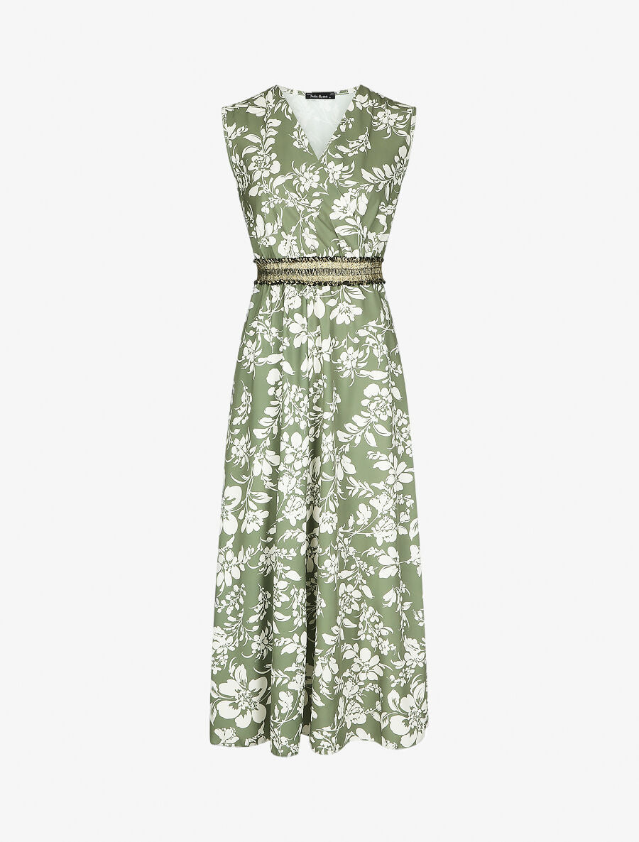Robe longue imprimé fleuri à taille élastiquée irisée - Kaki - 1