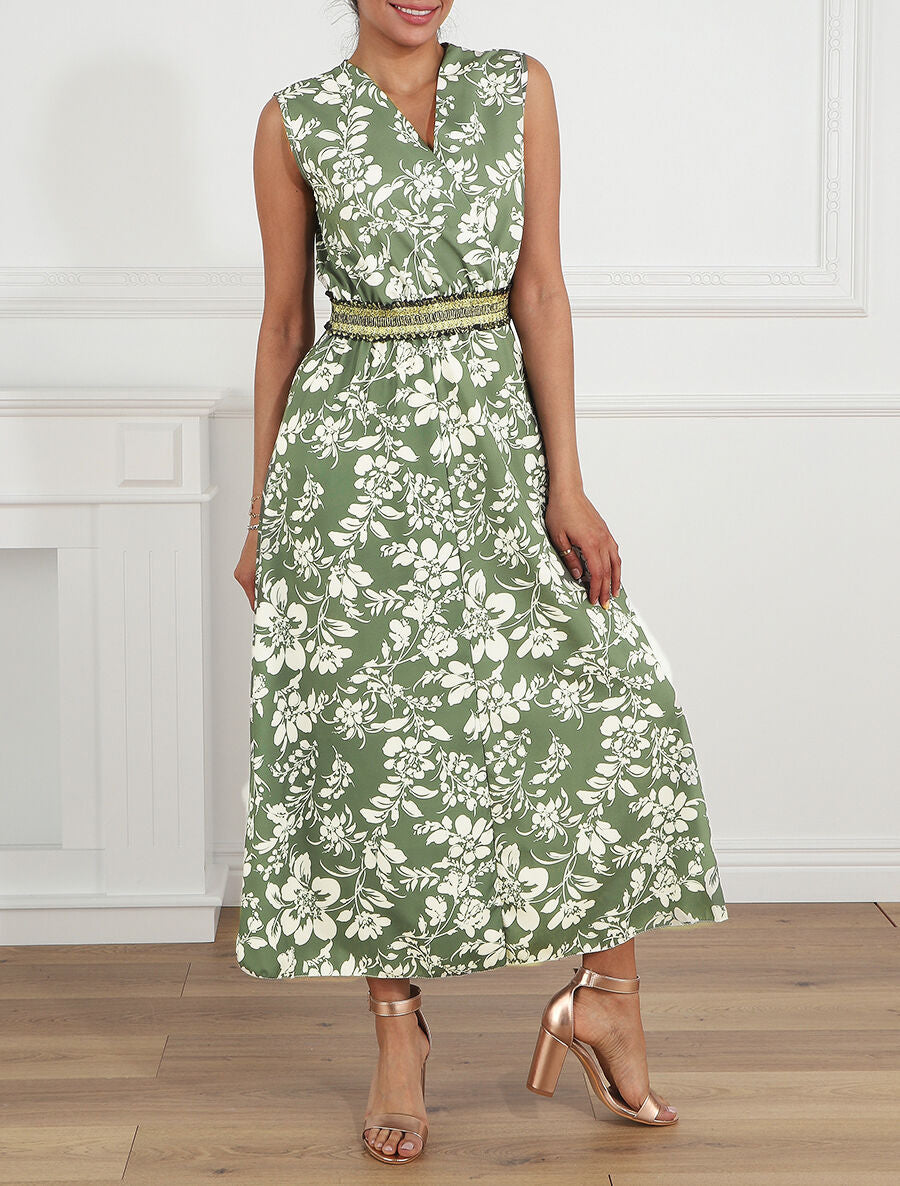 Robe longue imprimé fleuri à taille élastiquée irisée - Kaki - 4