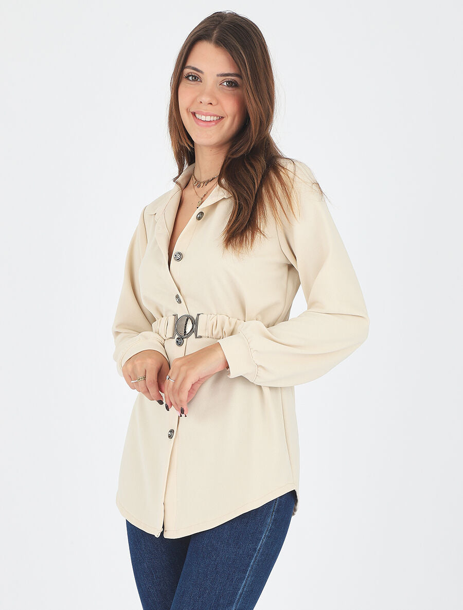 Chemise ample ceinturée - Beige - 4
