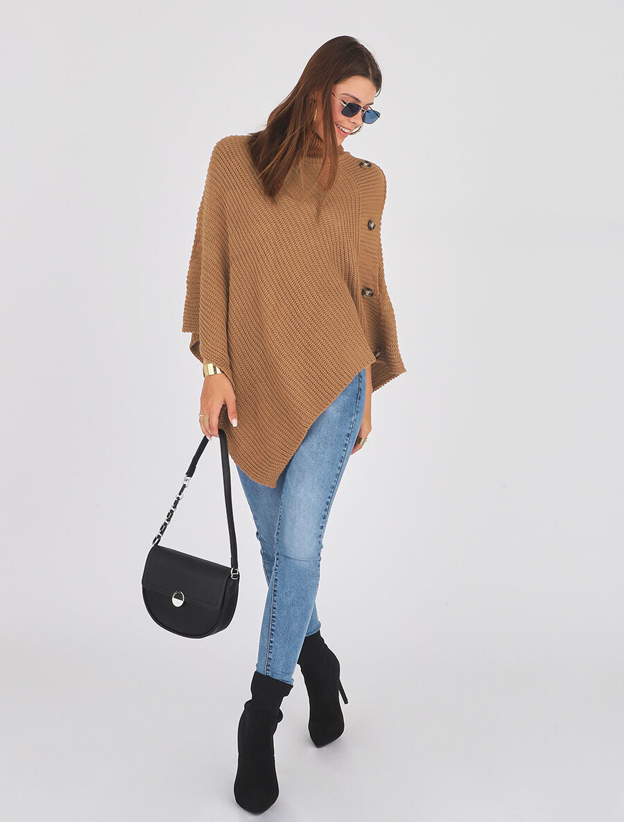 Poncho col roulé à boutons - Camel - 5