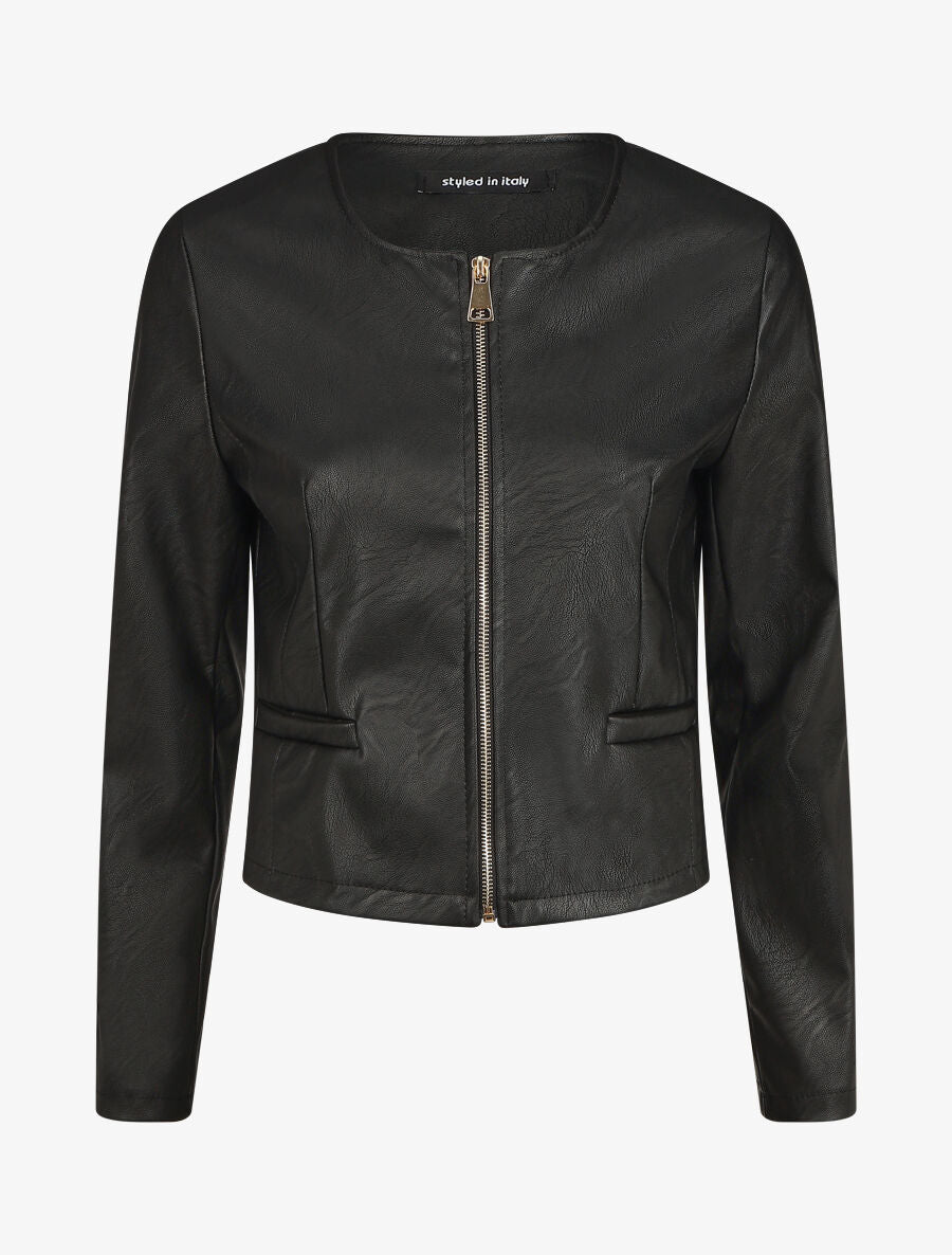 Veste droite zippée en simili - Noir - 1