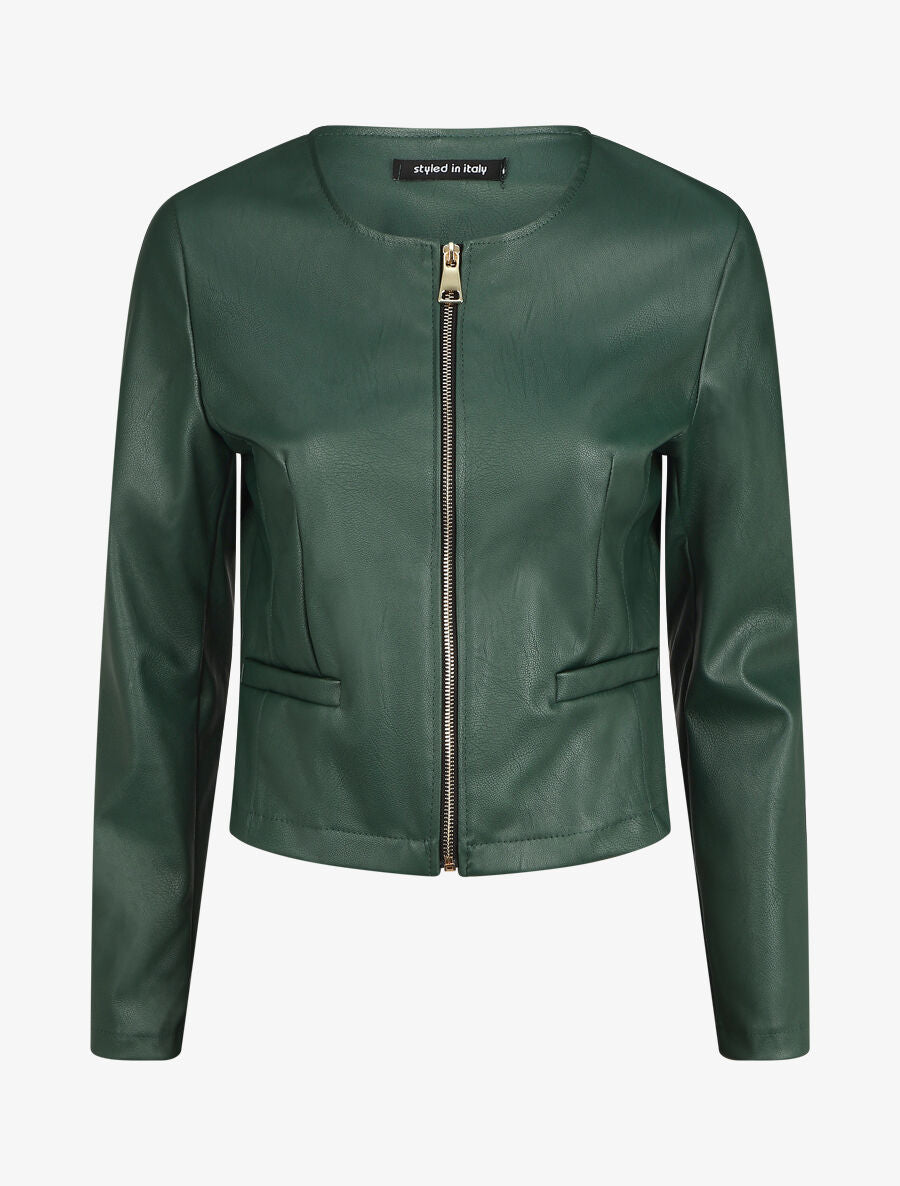 Veste droite zippée en simili - Vert foncé - 4