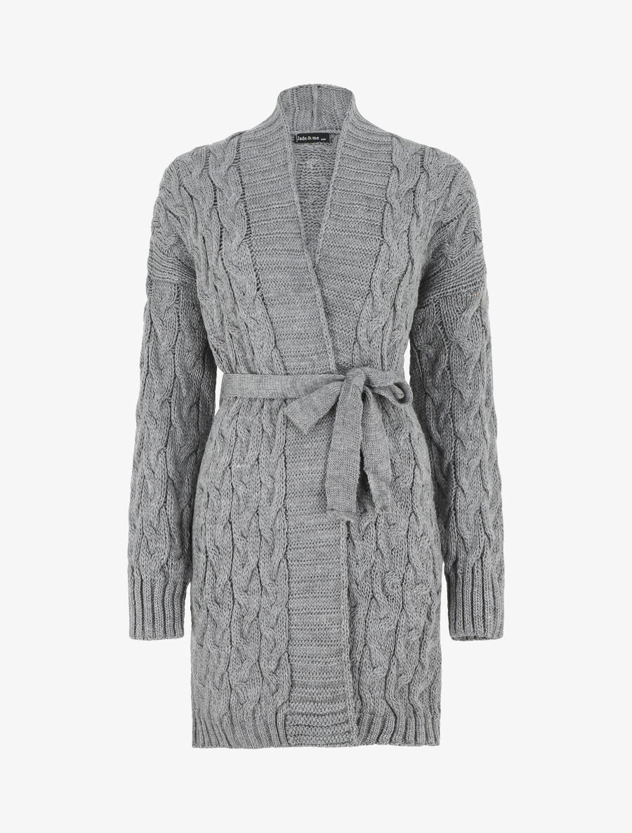 Gilet long uni en maille tressée - Gris - 1