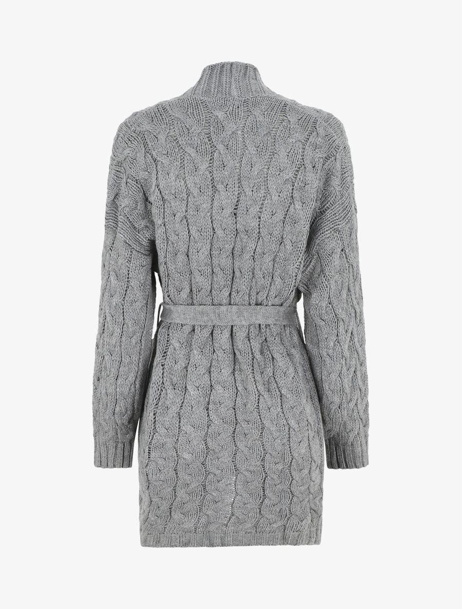 Gilet long uni en maille tressée - Gris - 2