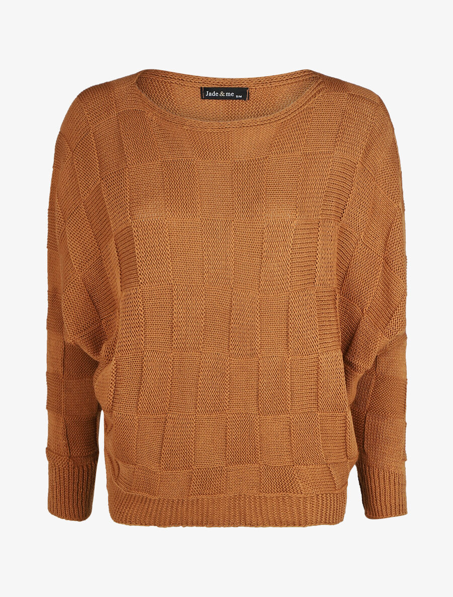 Pull droit col bateau en maille style damier - Camel - 1