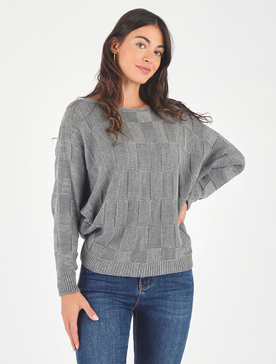 Pull droit col bateau en maille style damier - Gris - 4