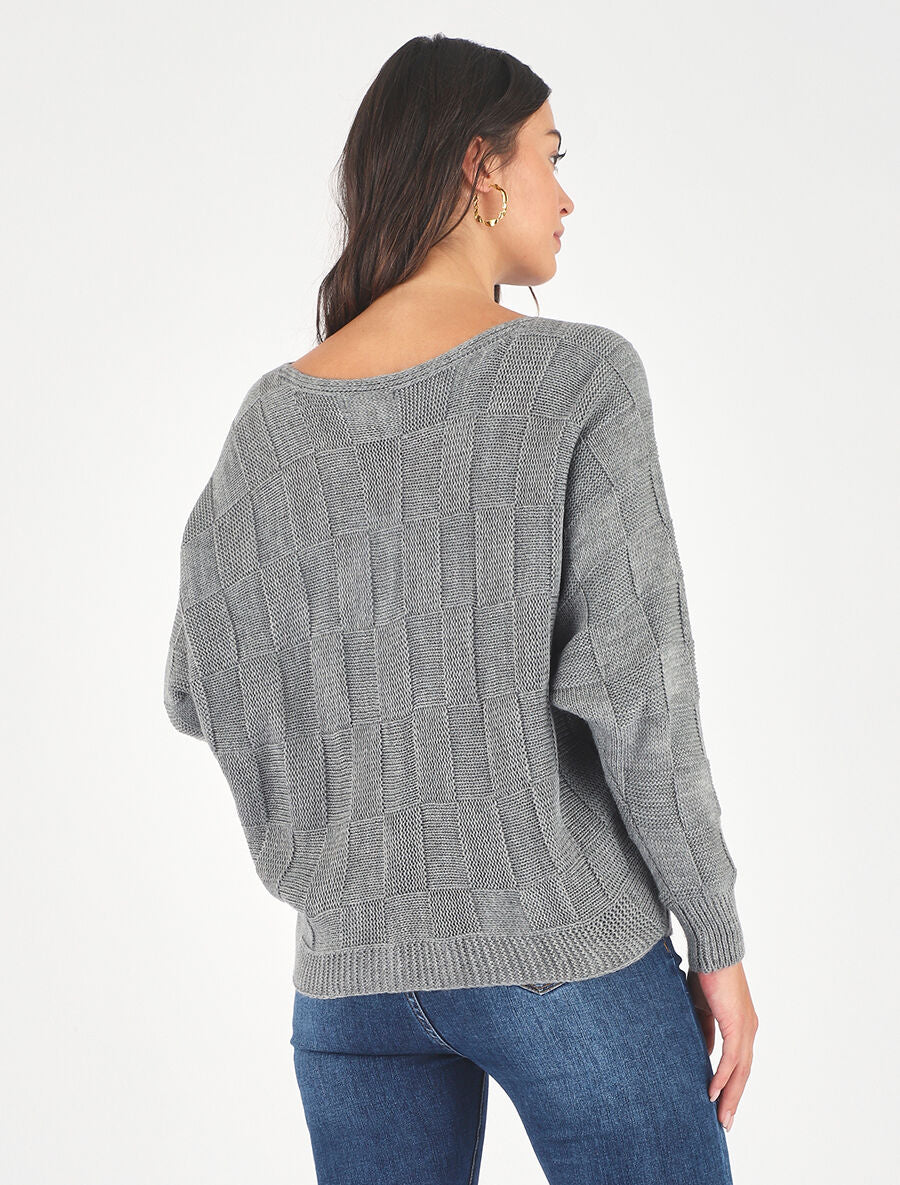 Pull droit col bateau en maille style damier - Gris - 5