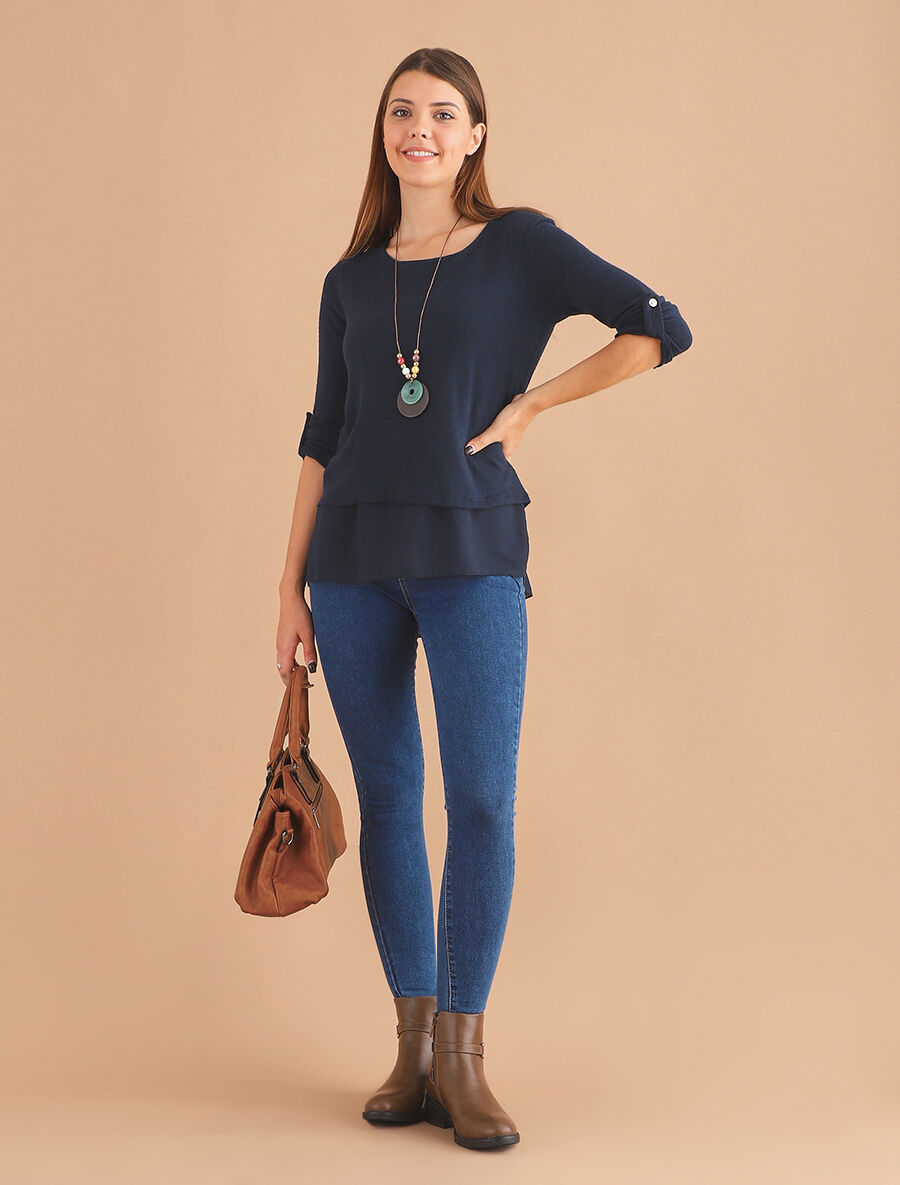 Pull droit uni doublure en voile - Marine - 4