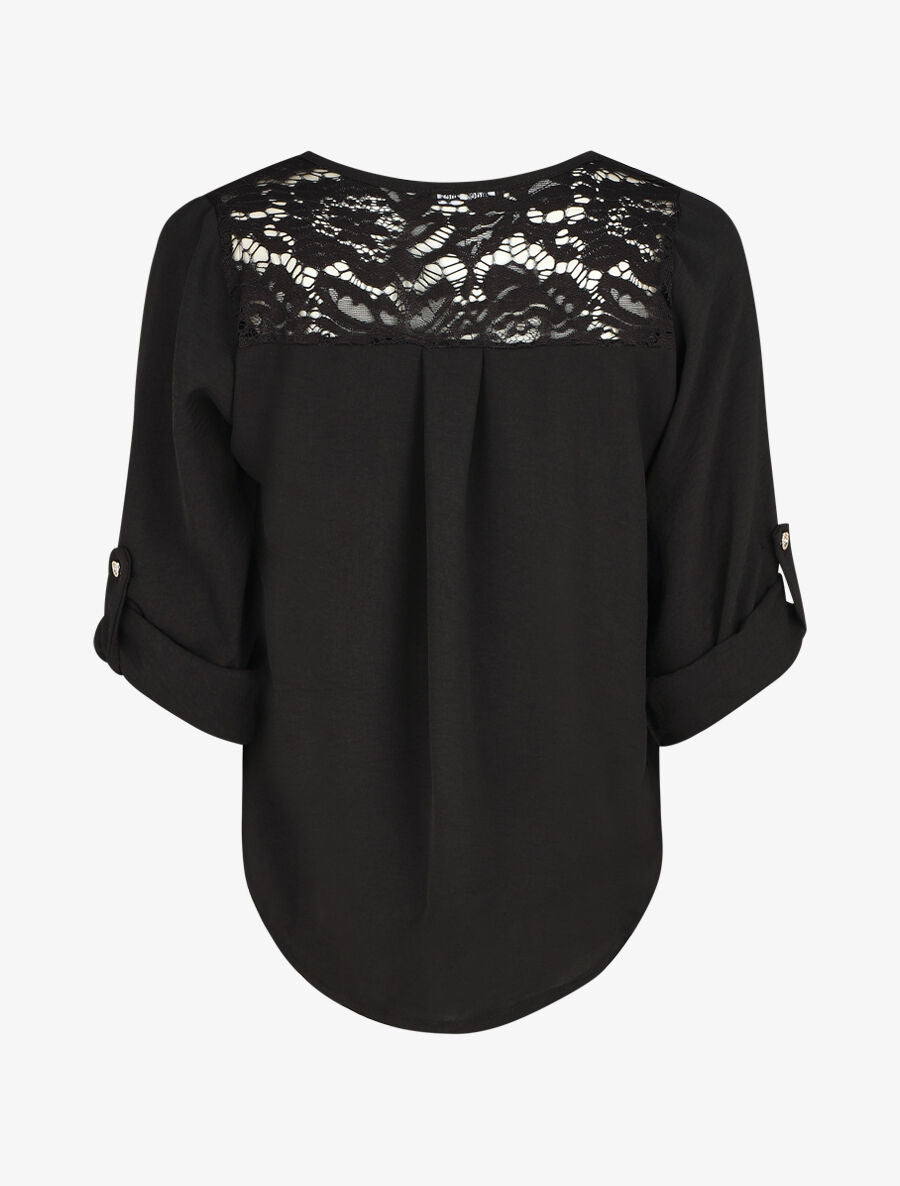 Top droit col V boutonné et dentelle - Noir - 2