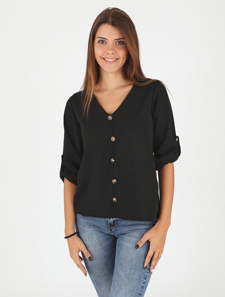 Top droit col V boutonné et dentelle - Noir - 4