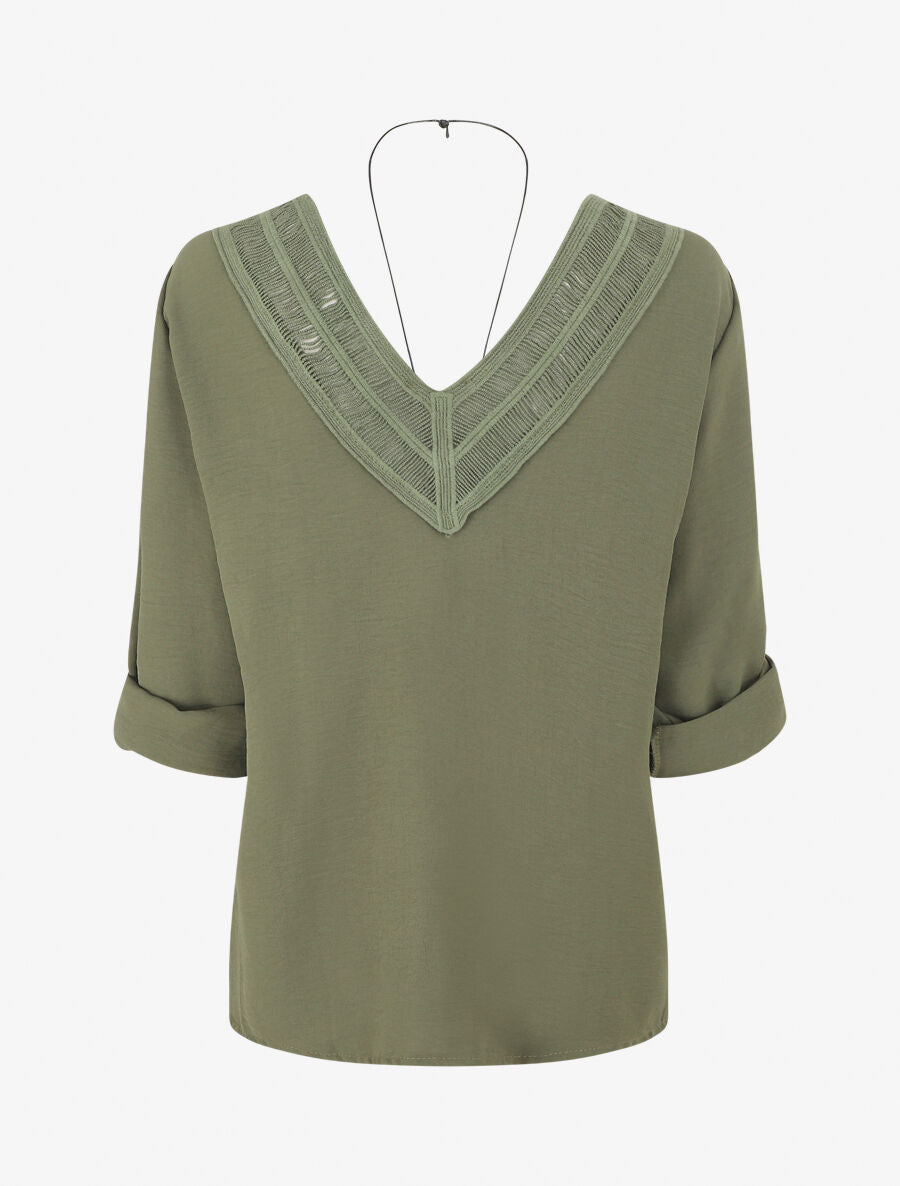 Blouse uni à dos ajouré - Kaki - 2