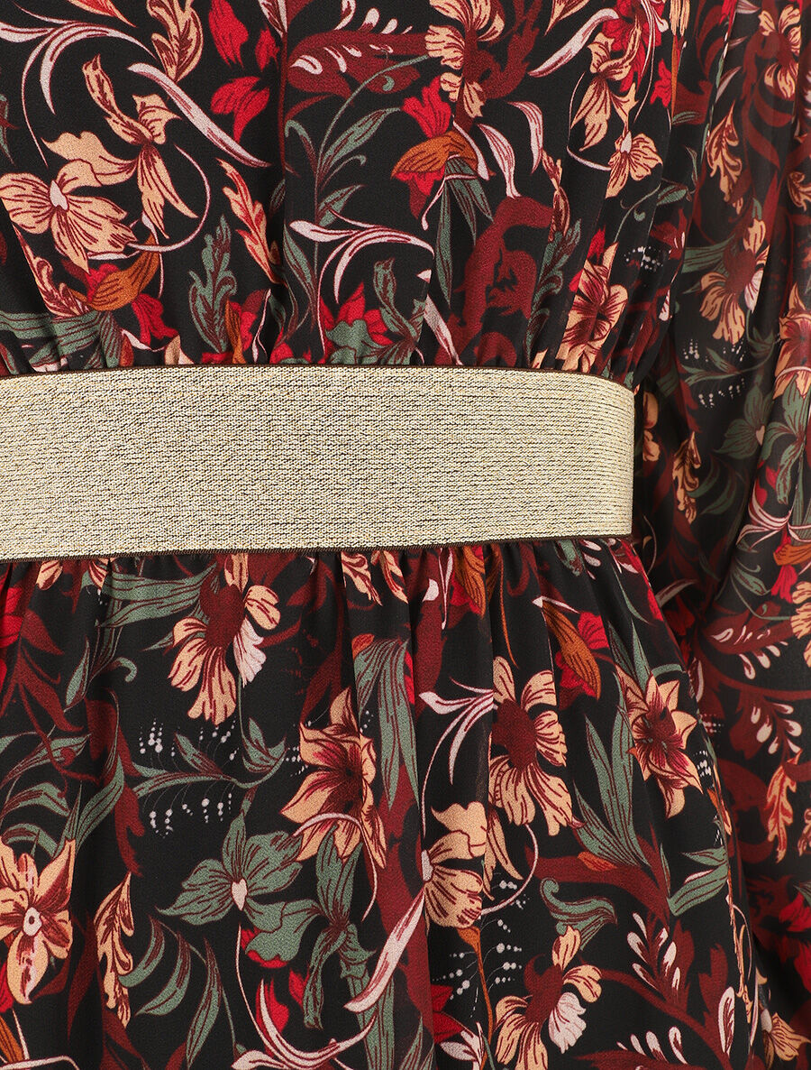 Robe imprimé fleuri à bande dorée - Noir - 3